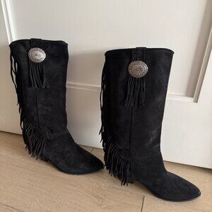 NWT SAINT LAURENT BLACK TEXANO SUEDE CONCHO BOOTS SIZE 38.5